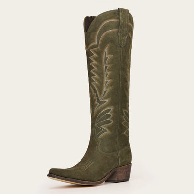 The Laurey - Olive Suede Embroidered Cowgirl Boots with Classic Western Flair