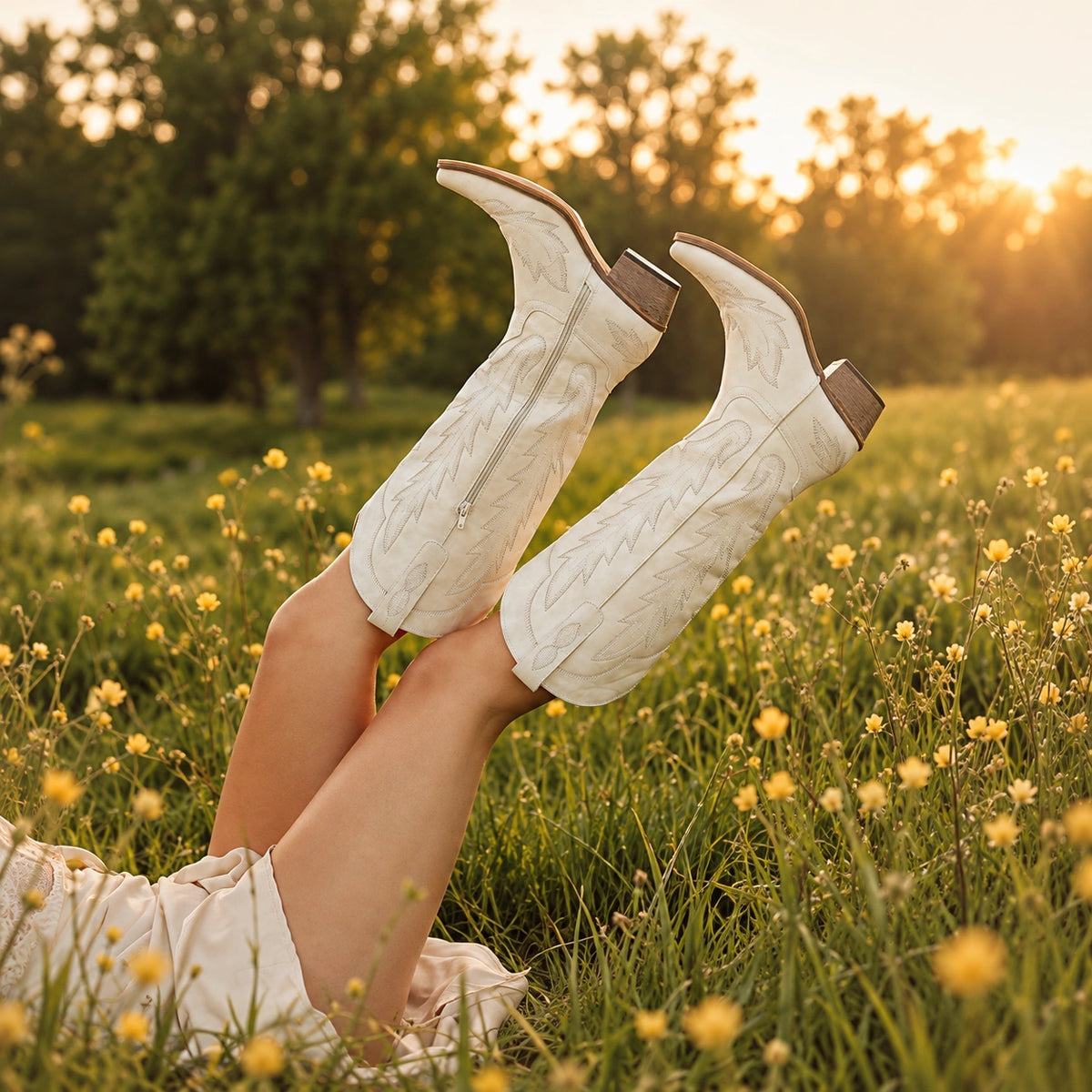 The Rosemary - Cream Embroidered Tall Western Cowgirl Boots with Side Zipper