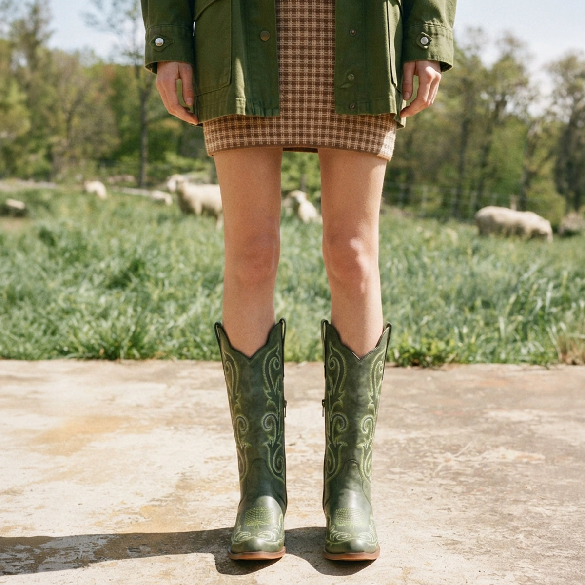 The Jolene - Sage Green Scroll Embroidered Snip Toe Cowgirl Boots with Side Zipper