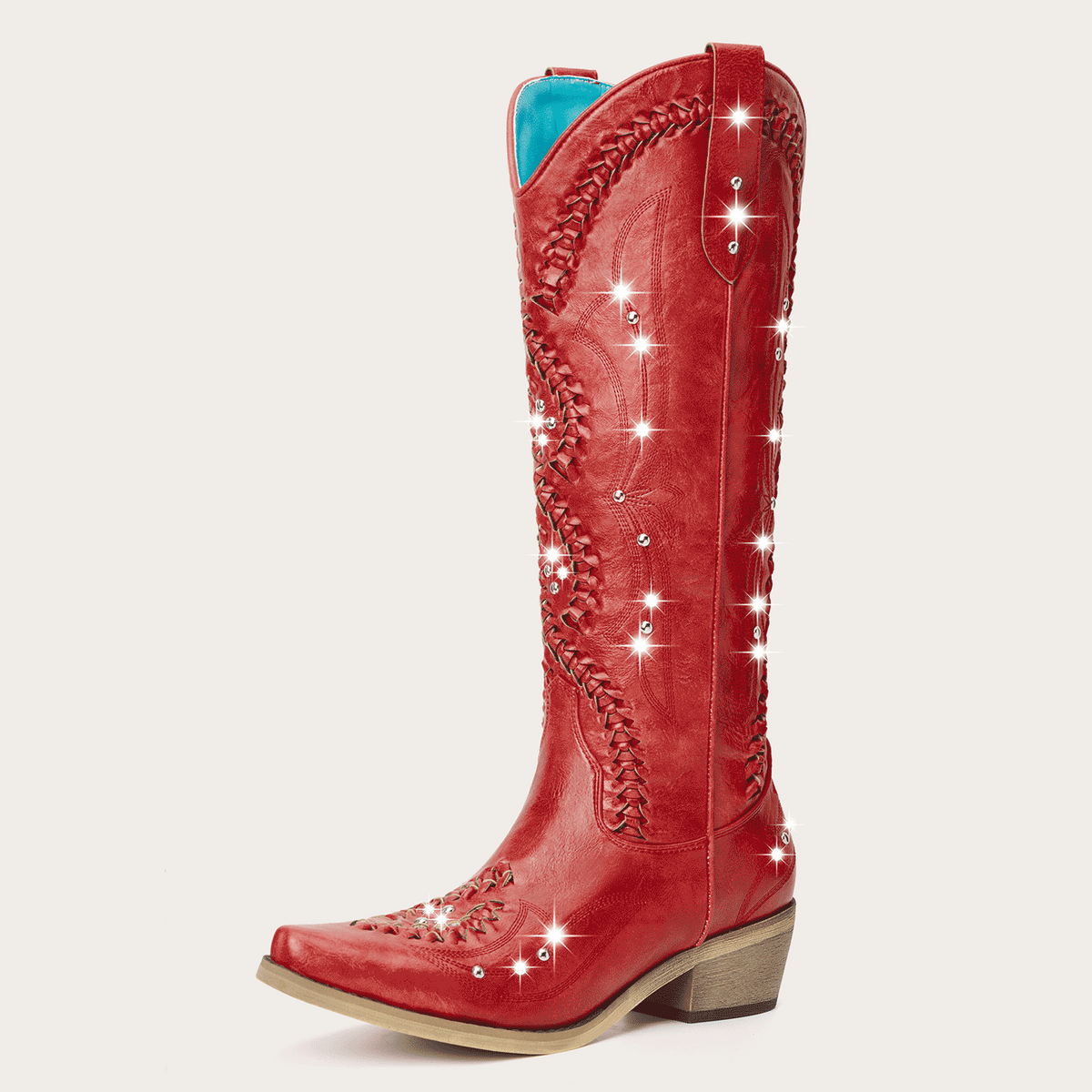 The Kitty - Red Rhinestone Cutout Braided Snip Toe Cowgirl Boots with Side Zipper