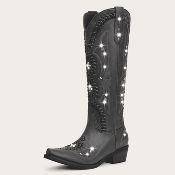 The Kitty - Charcoal Rhinestone Cutout Braided Snip Toe Cowgirl Boots with Side Zipper