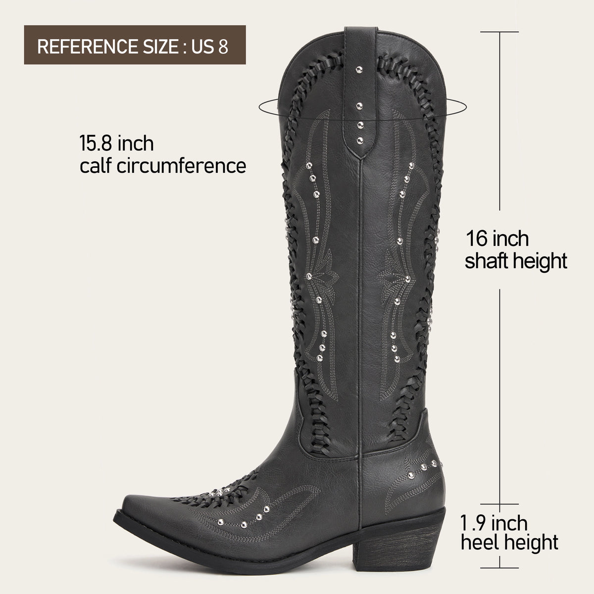 The Kitty - Charcoal Rhinestone Cutout Braided Snip Toe Cowgirl Boots with Side Zipper