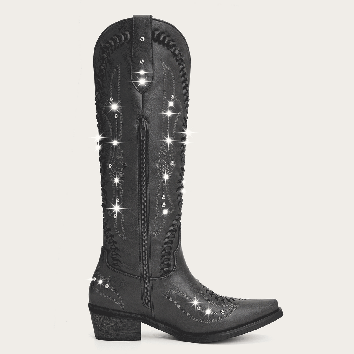 The Kitty - Charcoal Rhinestone Cutout Braided Snip Toe Cowgirl Boots with Side Zipper