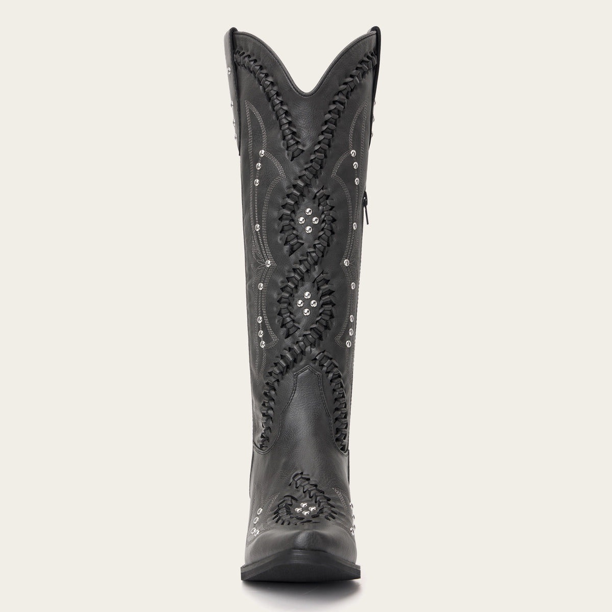 The Kitty - Charcoal Rhinestone Cutout Braided Snip Toe Cowgirl Boots with Side Zipper