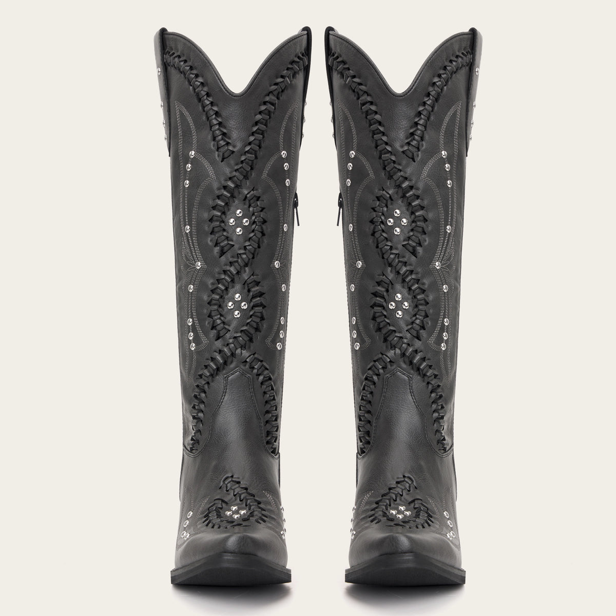 The Kitty - Charcoal Rhinestone Cutout Braided Snip Toe Cowgirl Boots with Side Zipper