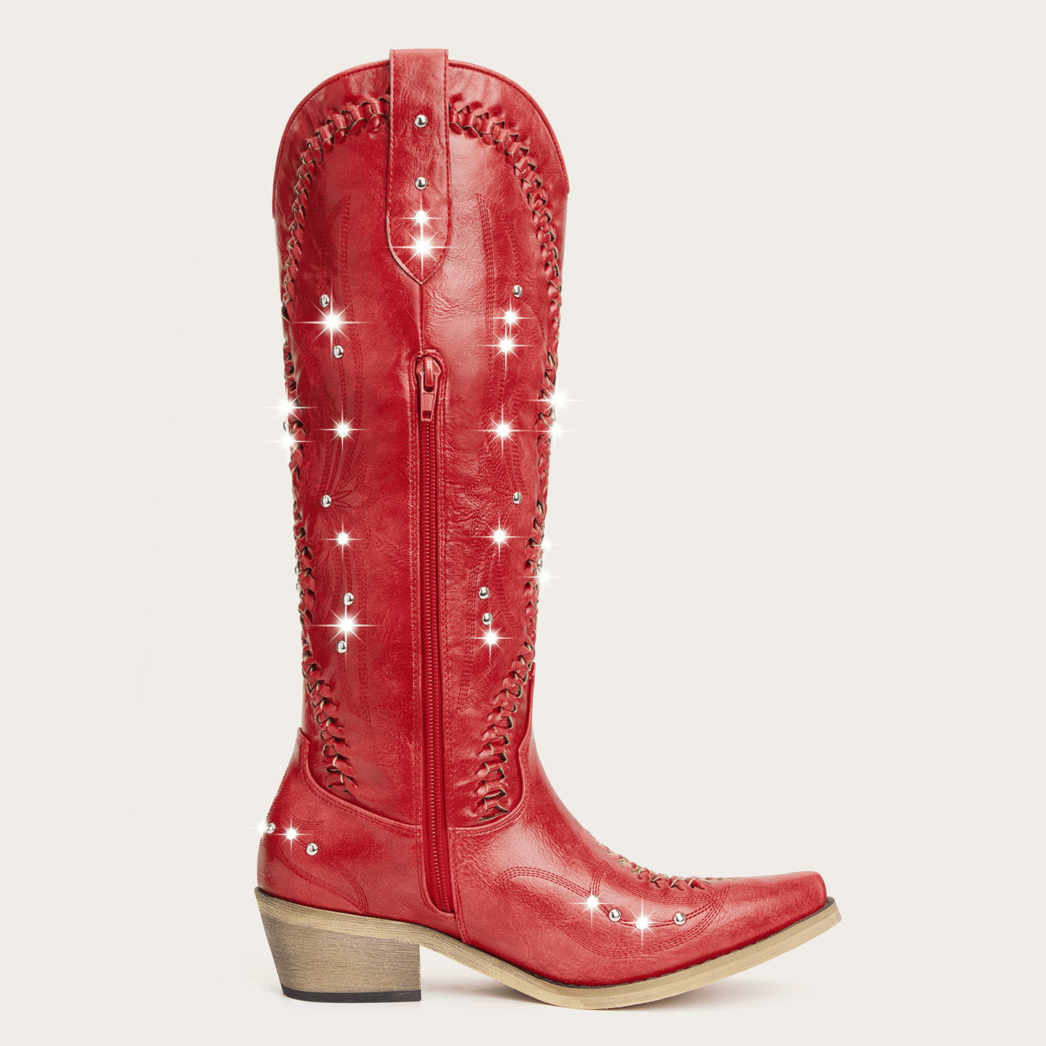 The Kitty - Red Rhinestone Cutout Braided Snip Toe Cowgirl Boots with Side Zipper