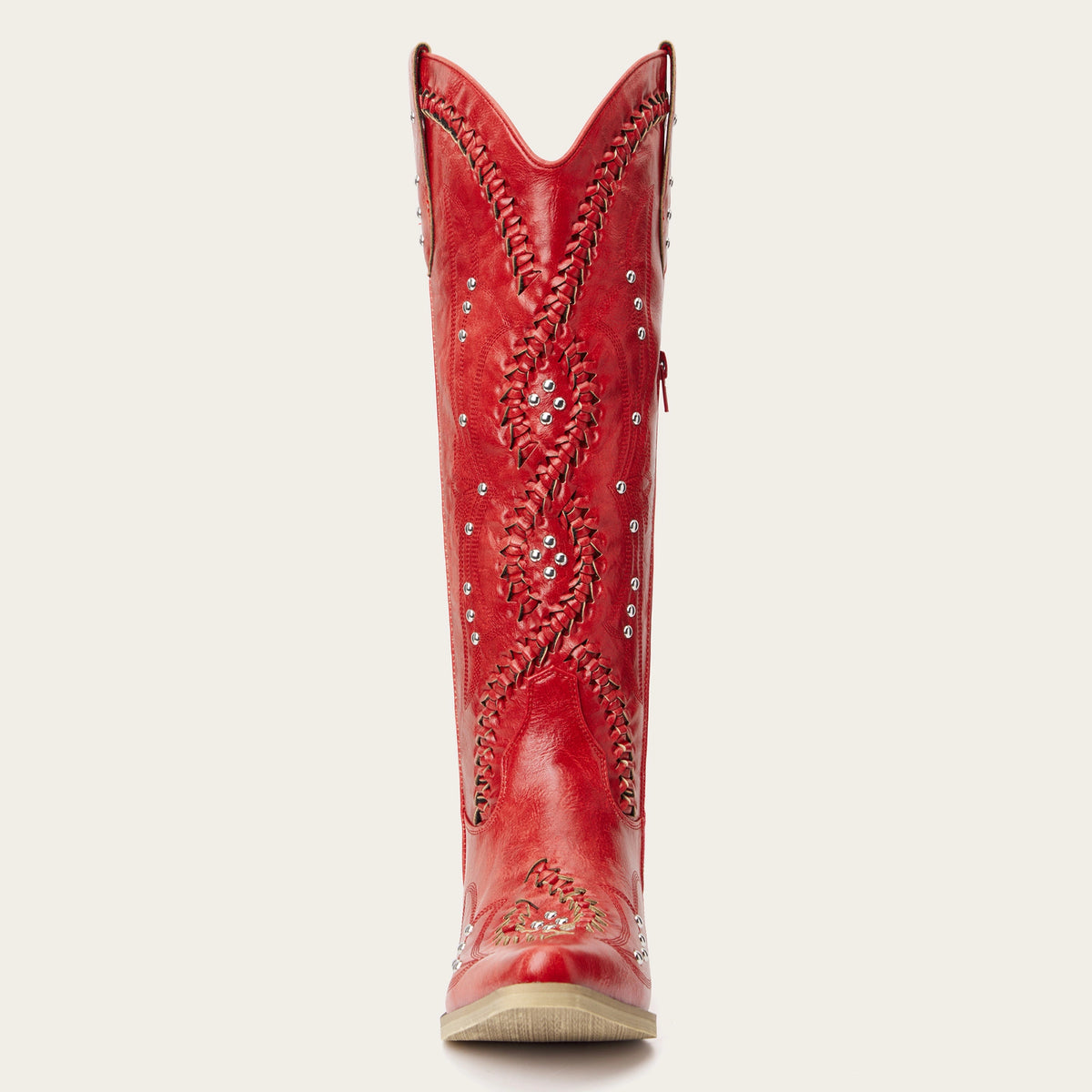 The Kitty - Red Rhinestone Cutout Braided Snip Toe Cowgirl Boots with Side Zipper