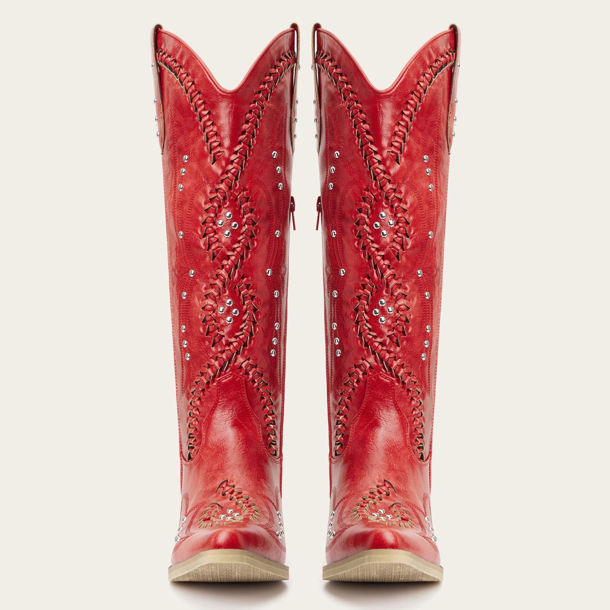 The Kitty - Red Rhinestone Cutout Braided Snip Toe Cowgirl Boots with Side Zipper