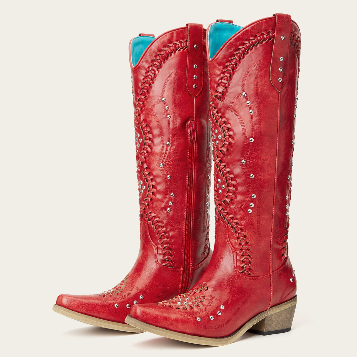 The Kitty - Red Rhinestone Cutout Braided Snip Toe Cowgirl Boots with Side Zipper
