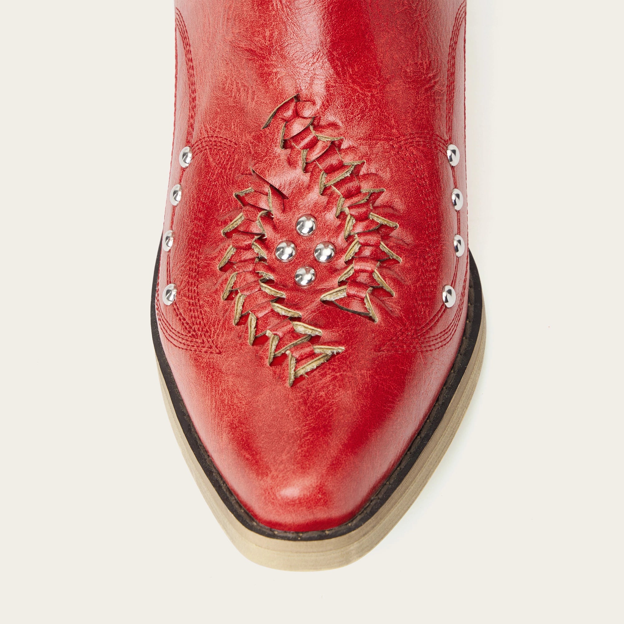 The Kitty - Red Rhinestone Cutout Braided Snip Toe Cowgirl Boots with Side Zipper