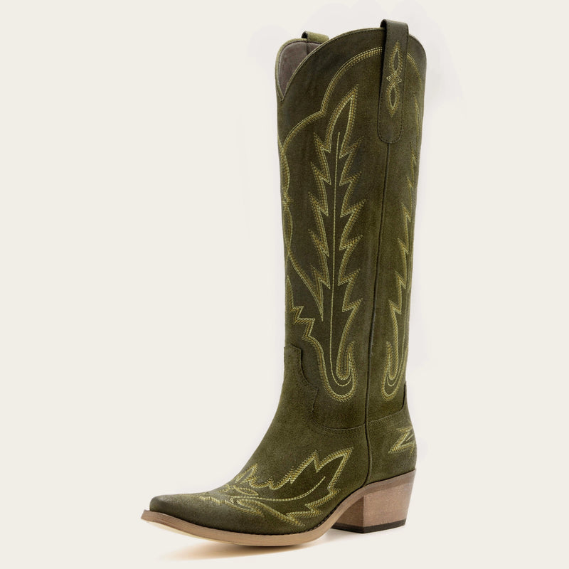 The Rosemary - Olive Faux Suede Classic Tall Cowgirl Boots with Embroidery