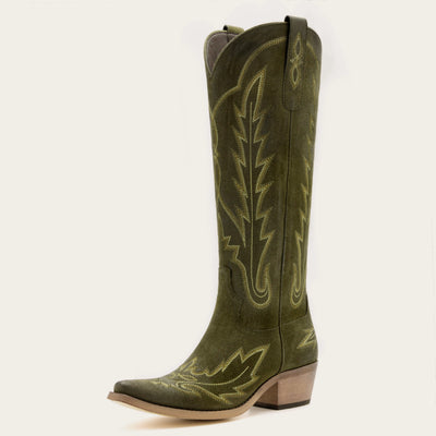 The Rosemary - Olive Embroidered Tall Western Cowgirl Boots with Side Zipper