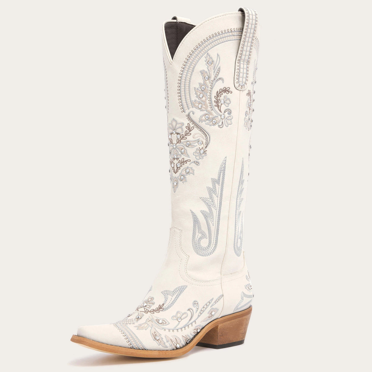 The Aurelia - Sparkle Western Boots in Cream Embroidered & Rhinestone
