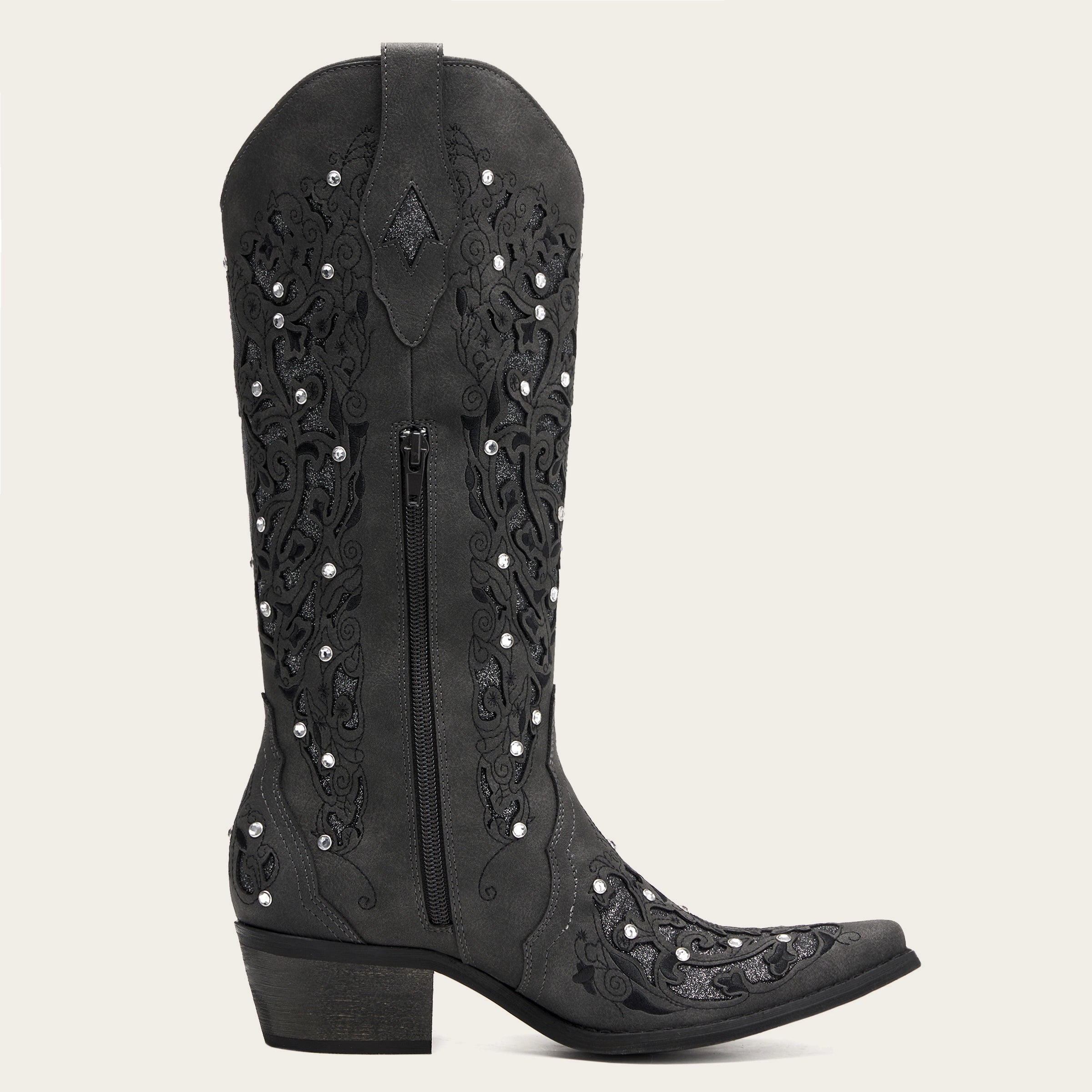 The Ballou - Black Embroidered Cowgirl Boots with Rhinestone and Cutouts