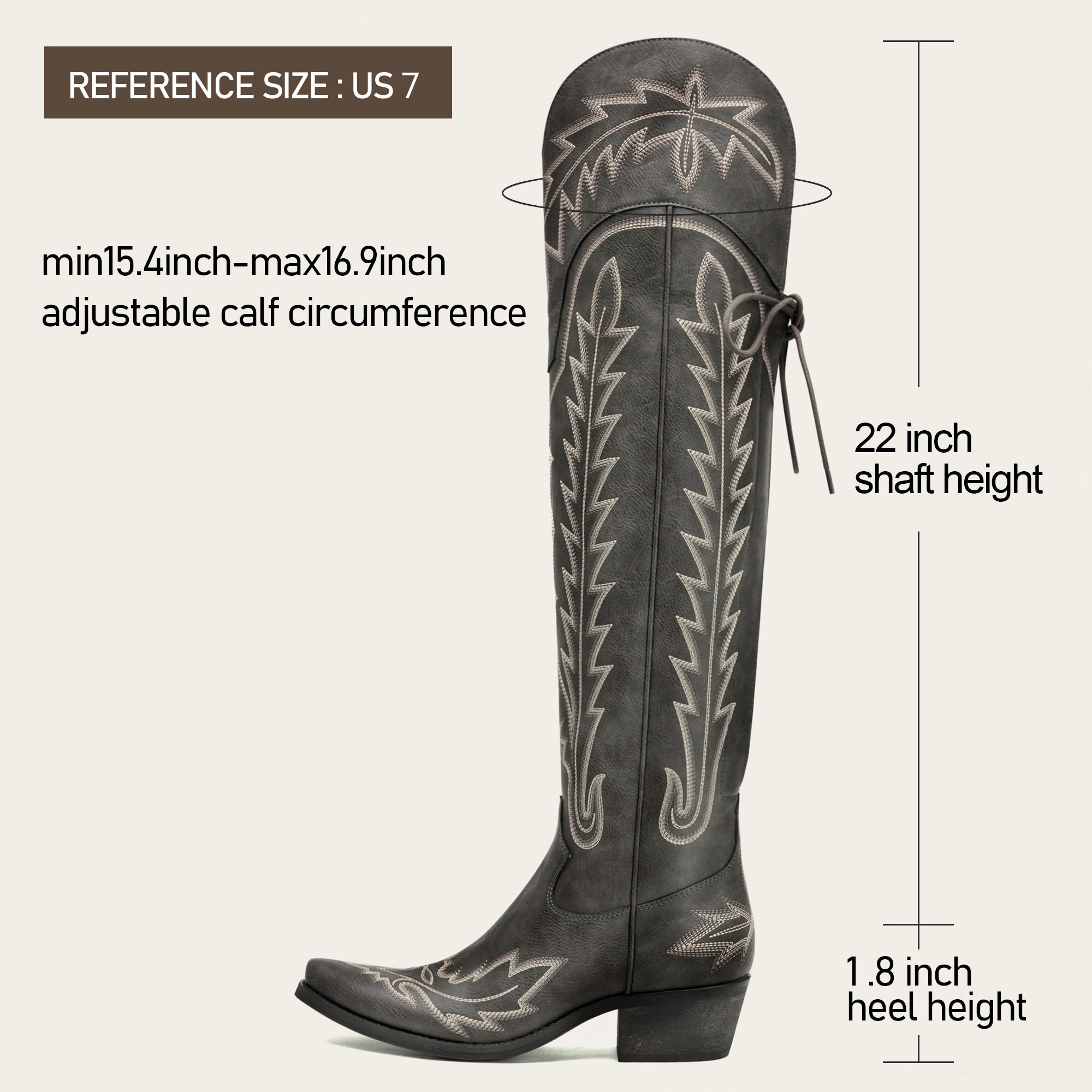 The Ross - Grey Over-the-Knee Wide Calf Cowgirl Boots with Back Tie & Embroidery