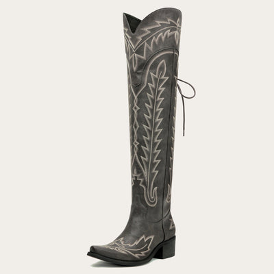 The Ross - Grey Over-the-Knee Wide Calf Cowgirl Boots with Back Tie & Embroidery