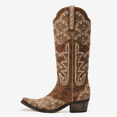 REDTOP Women's Cowgirl Western Boots Brown Embroidered Rhinestone Boots