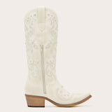 The Missie – White Embroidered Cowgirl Boots with Pearls and Elegant Western Flair