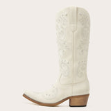 The Missie – White Embroidered Cowgirl Boots with Pearls and Elegant Western Flair