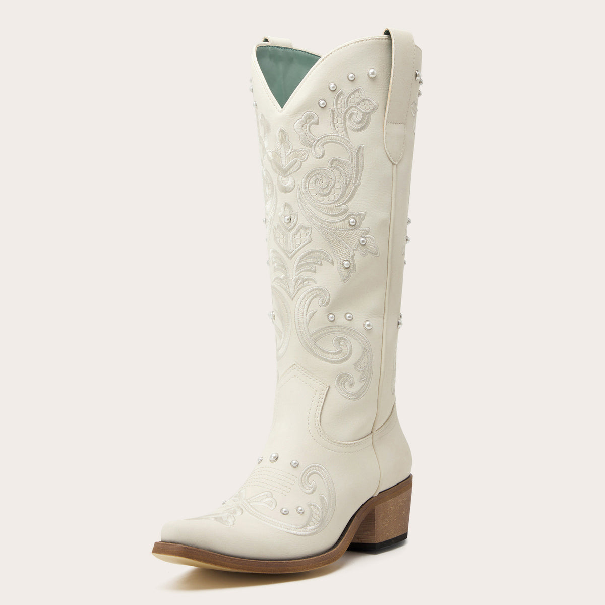 The Missie – White Embroidered Cowgirl Boots with Pearls and Elegant Western Flair