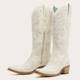 The Missie – White Embroidered Cowgirl Boots with Pearls and Elegant Western Flair