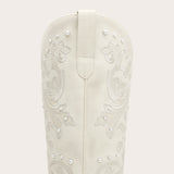 The Missie – White Embroidered Cowgirl Boots with Pearls and Elegant Western Flair