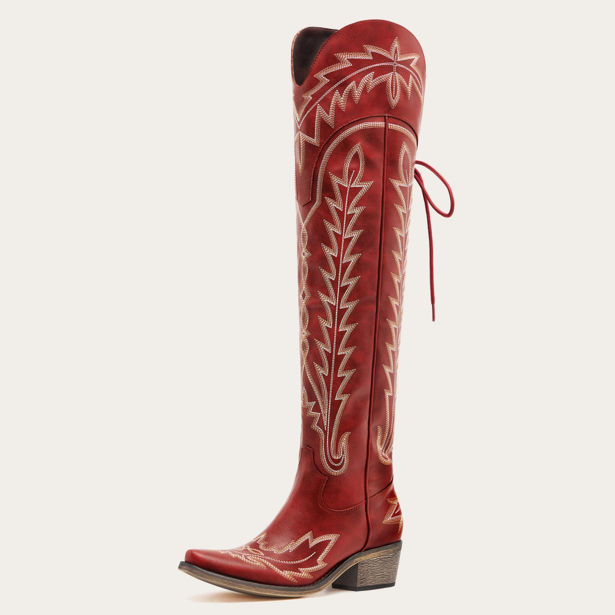 The Ross - Red Over-the-Knee Cowgirl Boots with Back Tie & Embroidery