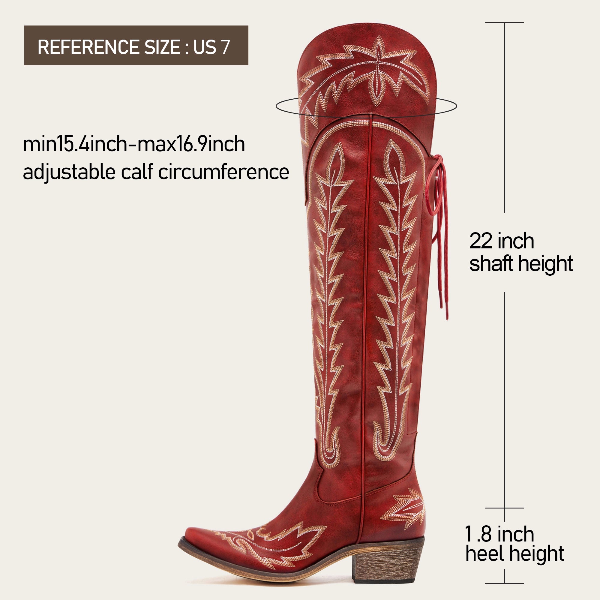 The Ross - Red Over-the-Knee Wide Calf Cowgirl Boots with Back Tie & Embroidery