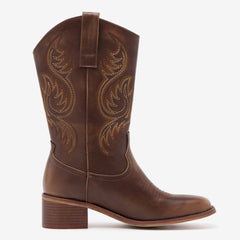 REDTOP Men's Square Toe Brown Embroidered Cowboy Boots