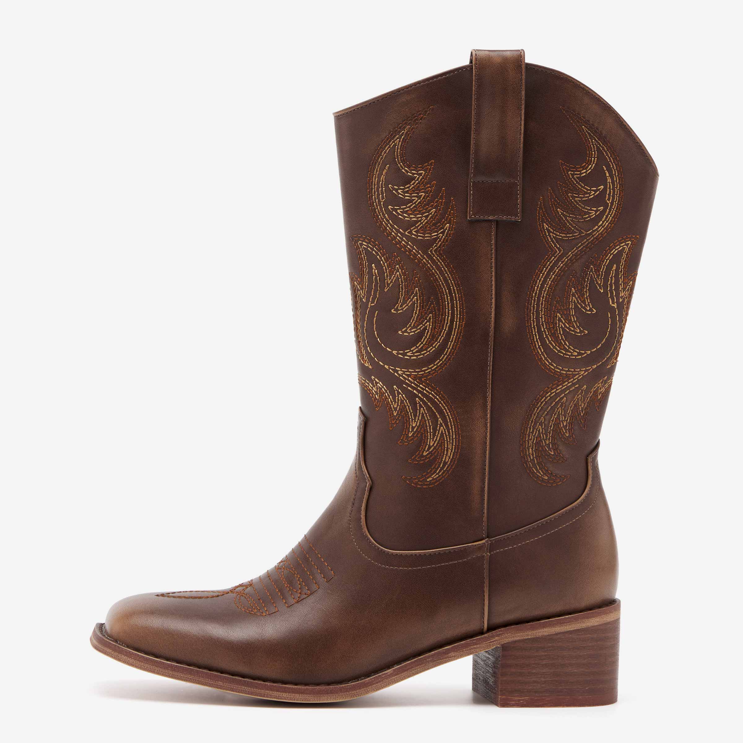 REDTOP Men's Square Toe Brown Embroidered Cowboy Boots
