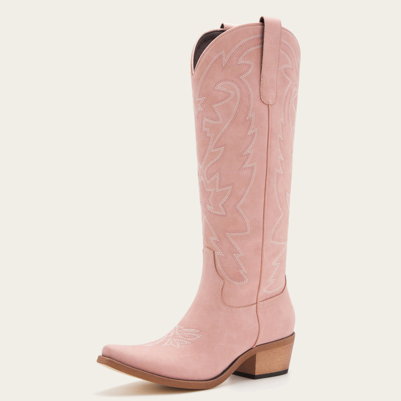 The Molly Wood – Pink Snip Toe Embroidered Cute Comfortable Tall Cowgirl Boots