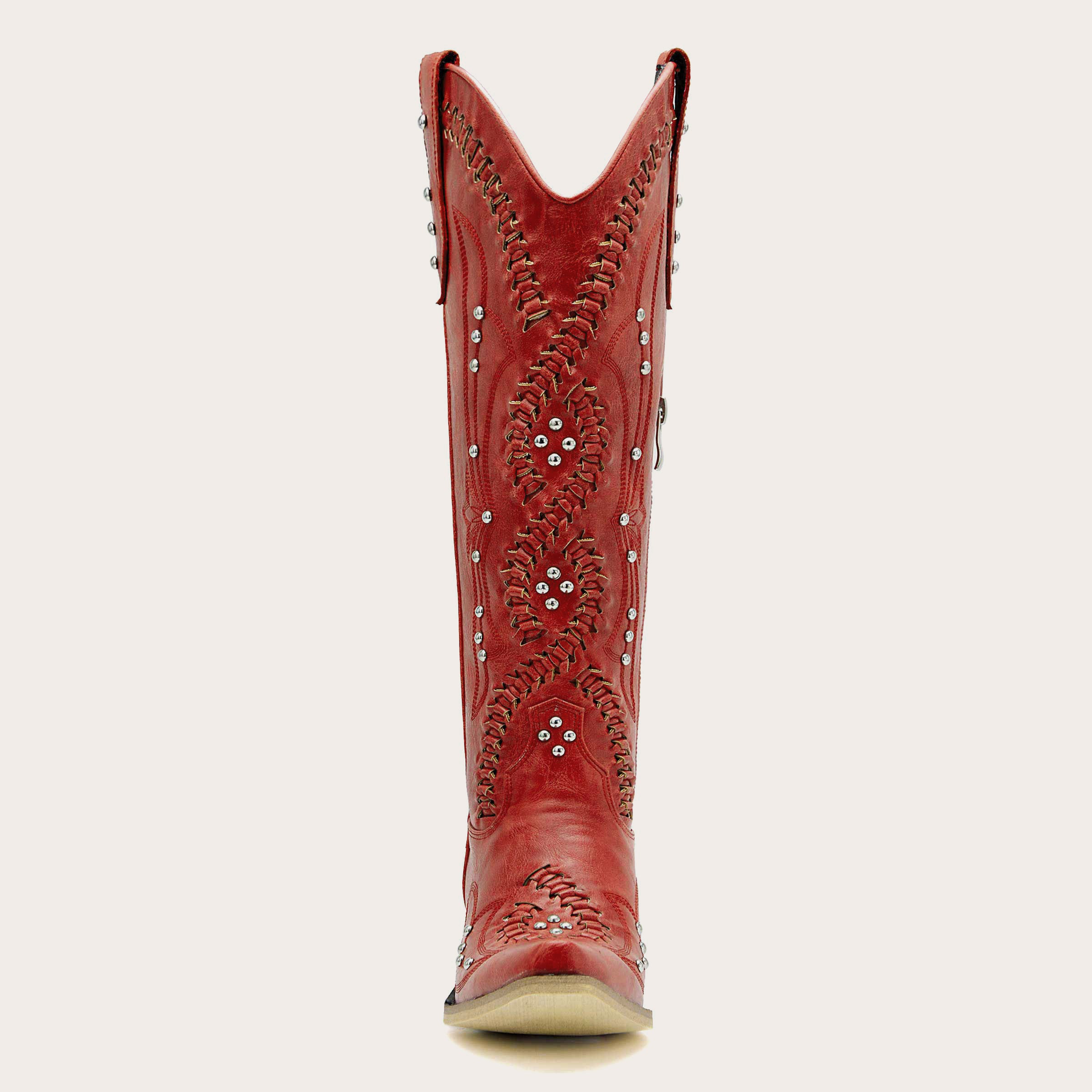 The Kitty - Red Snip Toe Rhinestone Cowgirl Boots with Cutout Woven