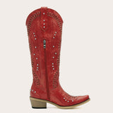 Kitty - Snip Toe Red Women Cowgirl Boots with Cutout Woven Rhinestone