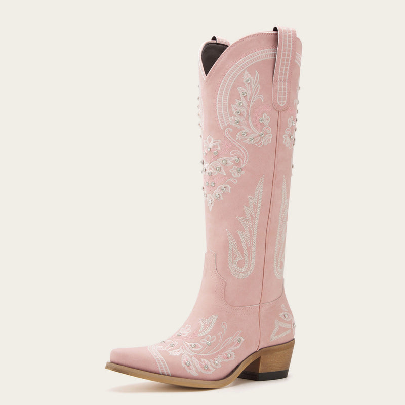 The Aurelia - Rose Pink Women's Cowboy Boots with Snip Toe & Floral Embroidery