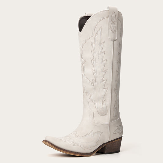 The Rosemary - Cream Classic Tall Cowgirl Boots with Embroidery