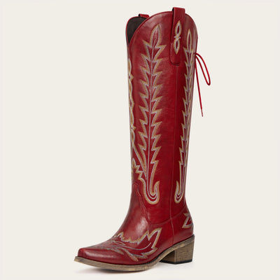 The Eula - Red Tall Wide Calf Cowgirl Boots with Intricate Western Embroidery
