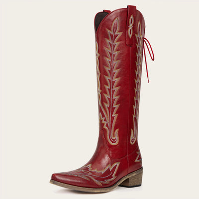 The Eula - Red Tall Wide Calf Cowgirl Boots with Intricate Western Embroidery