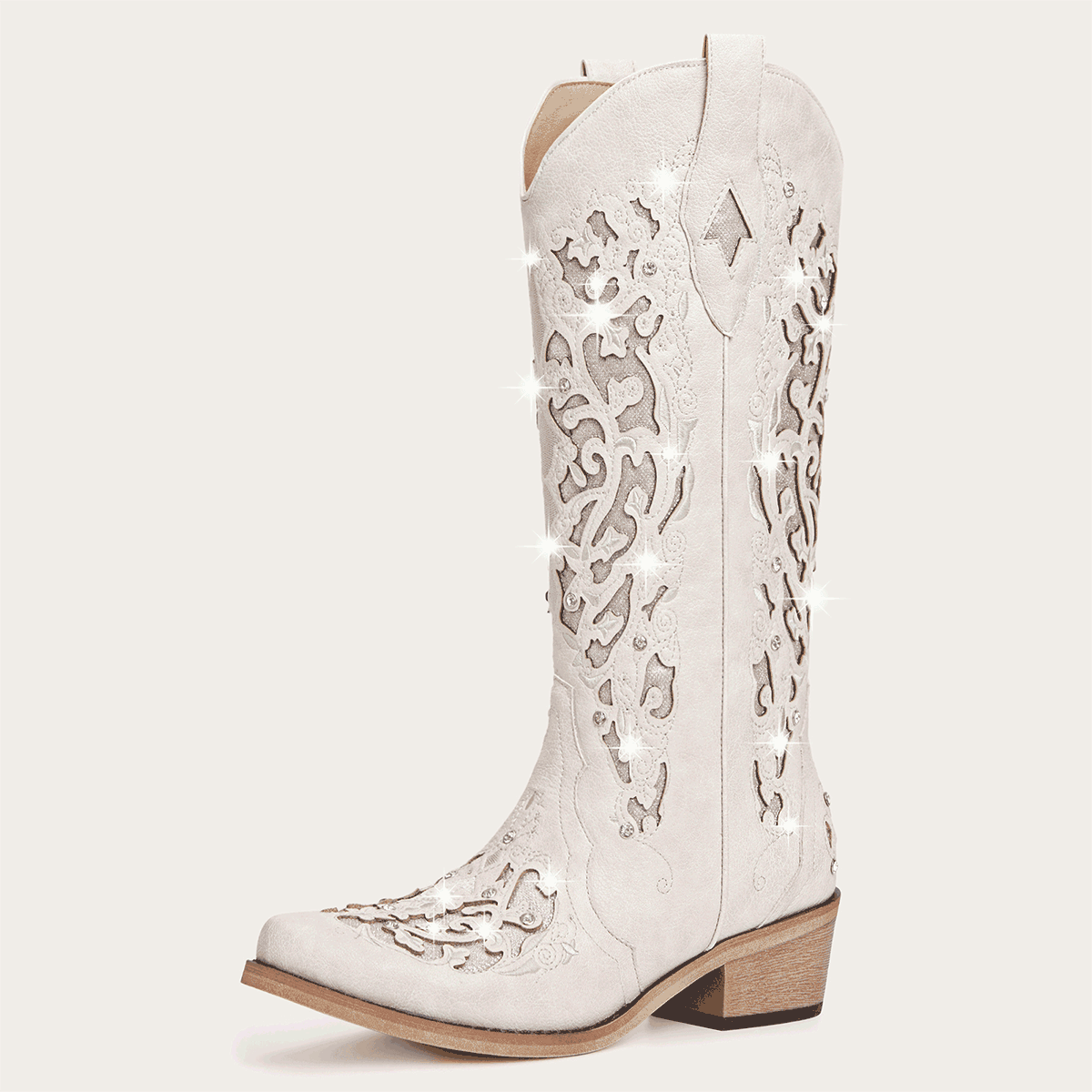 The Ballou - White Embroidered Cowgirl Boots with Rhinestone and Cutouts