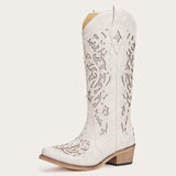 The Ballou - White Embroidered Cowgirl Boots with Rhinestone and Cutouts