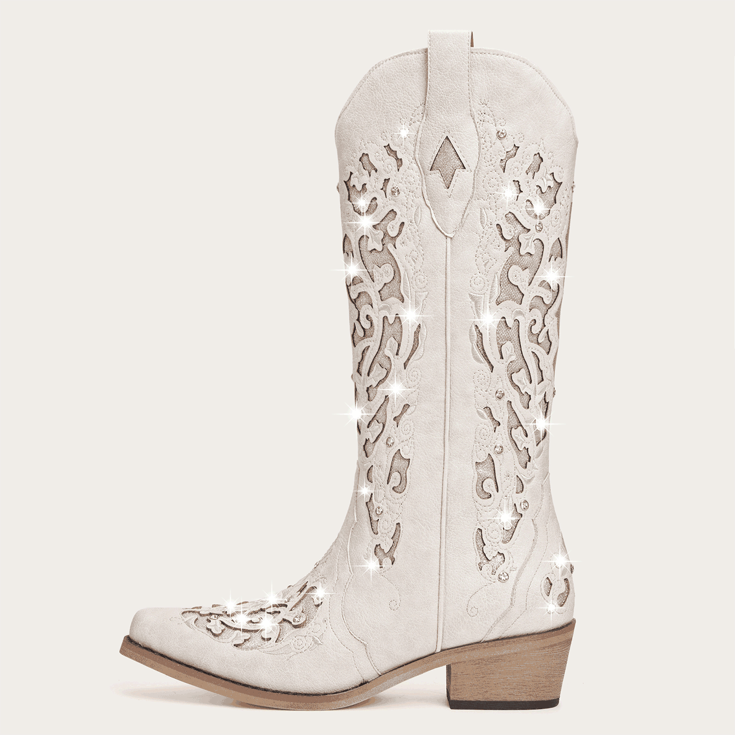 The Ballou - White Embroidered Cowgirl Boots with Rhinestone and Cutouts