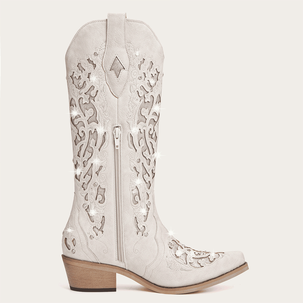 The Ballou - White Embroidered Cowgirl Boots with Rhinestone and Cutouts