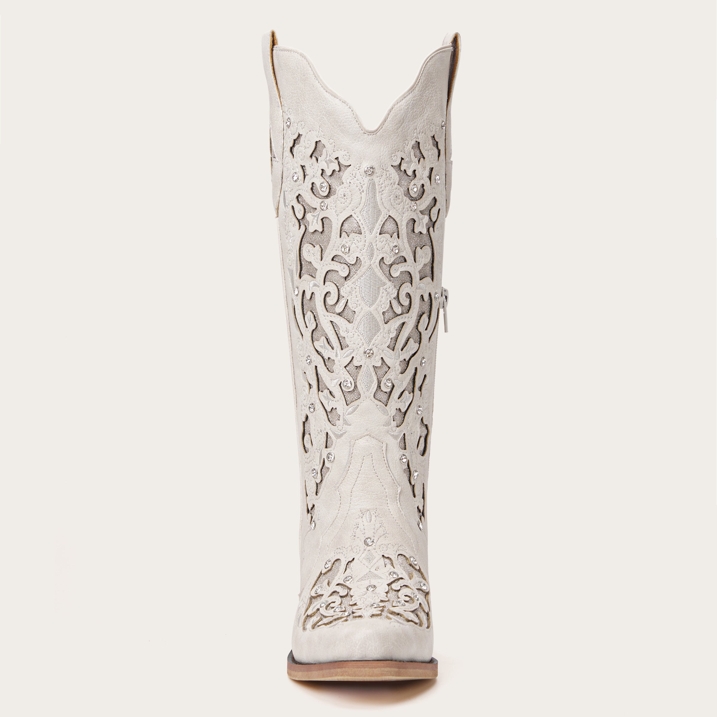 The Ballou - White Embroidered Cowgirl Boots with Rhinestone and Cutouts