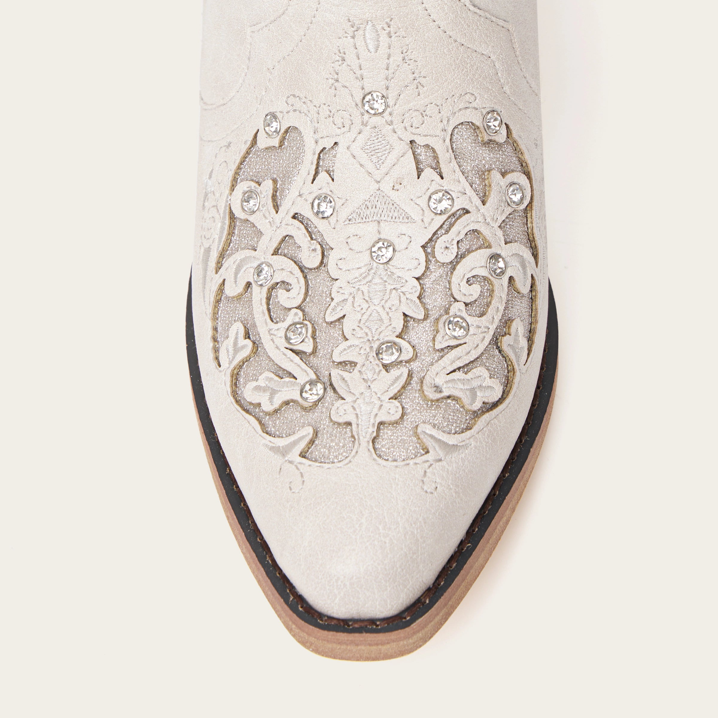 The Ballou - White Embroidered Cowgirl Boots with Rhinestone and Cutouts