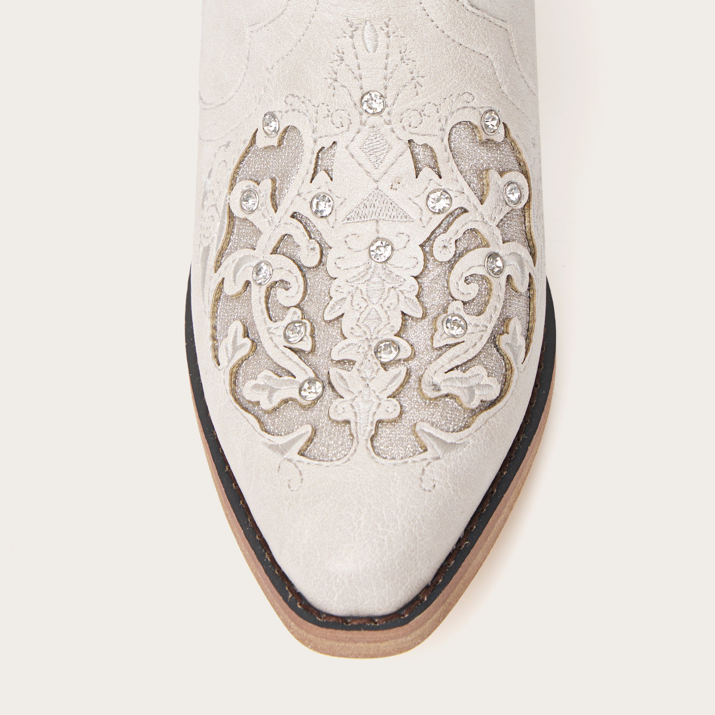 The Ballou - White Embroidered Cowgirl Boots with Rhinestone and Cutouts