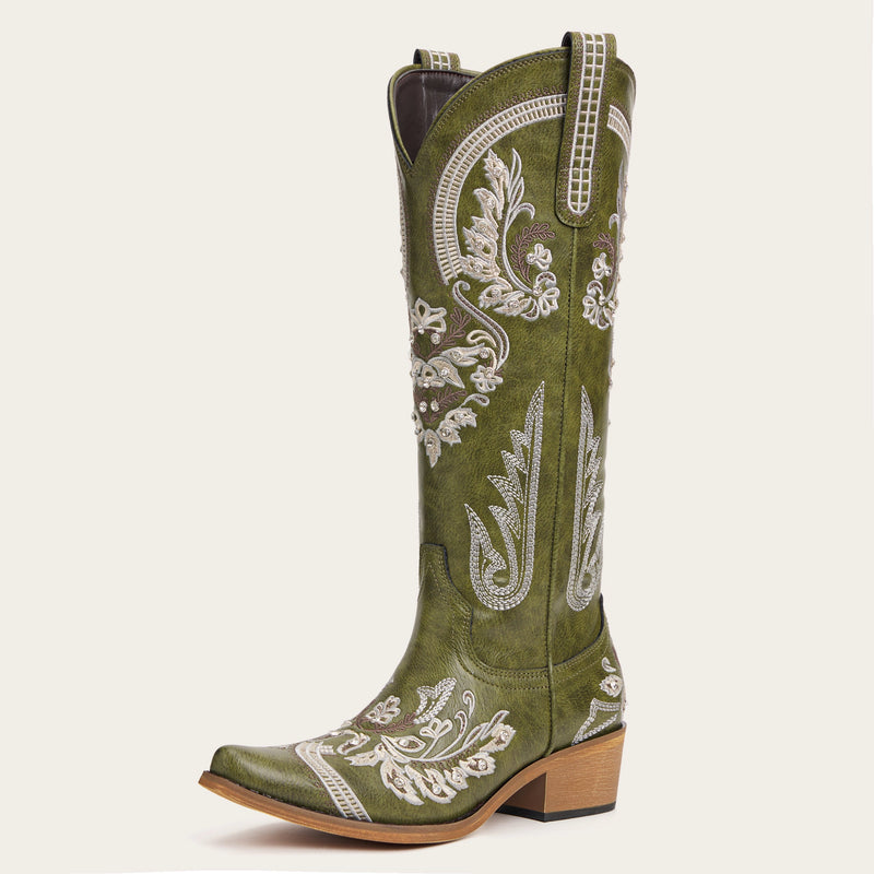 The Aurelia - Olive Green Women's Cowboy Boots with Snip Toe & Floral Embroidery