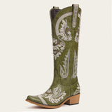 The Aurelia - Sparkle Western Boots in Olive Green Embroidered & Rhinestone
