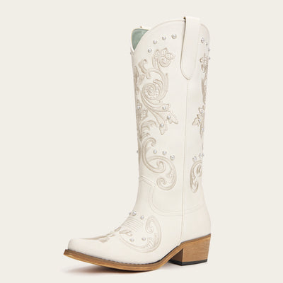 The Missie - Ivory Embroidered Cowgirl Boots with Pearls and Elegant Western Flair