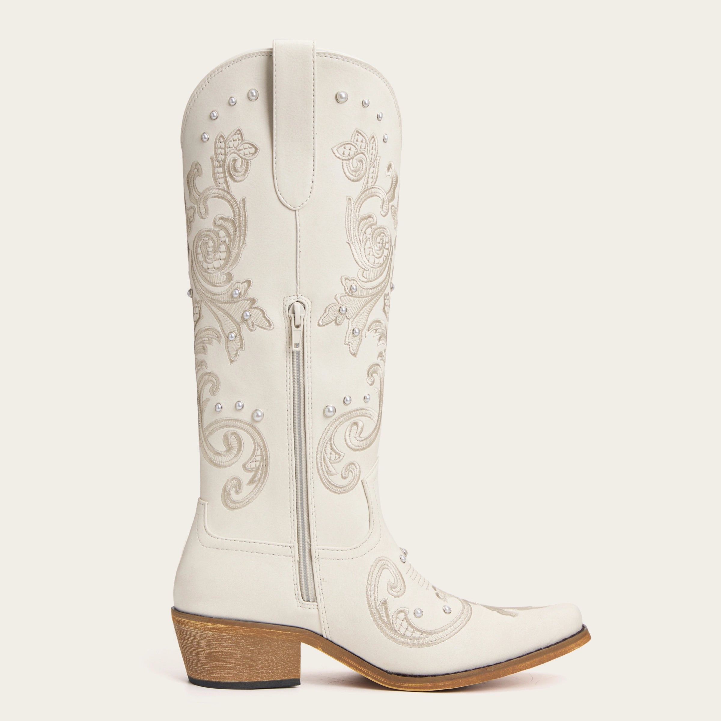 The Missie - Ivory Embroidered Cowgirl Boots with Pearls and Elegant Western Flair