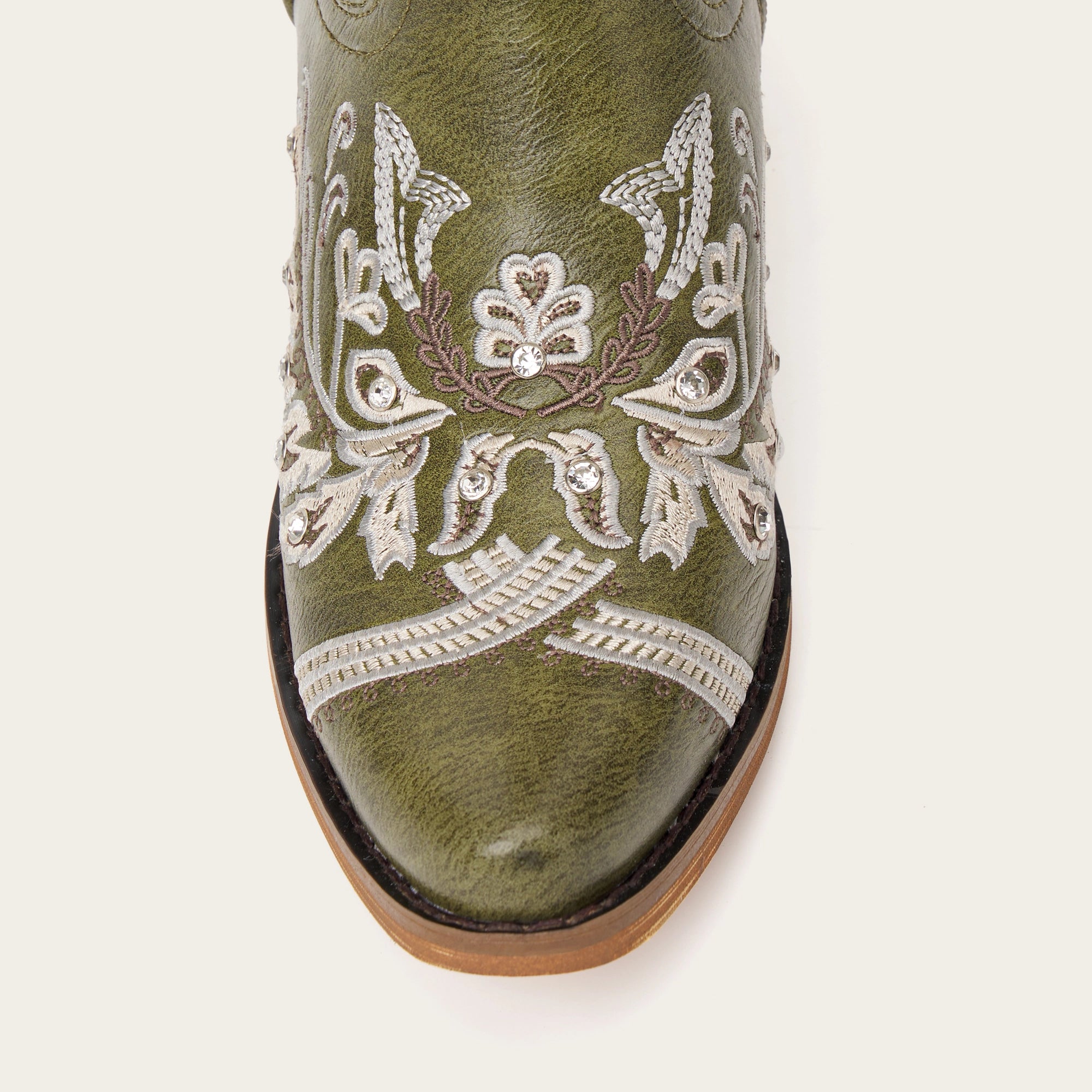 The Aurelia - Sparkle Western Boots in Olive Green Embroidered & Rhinestone