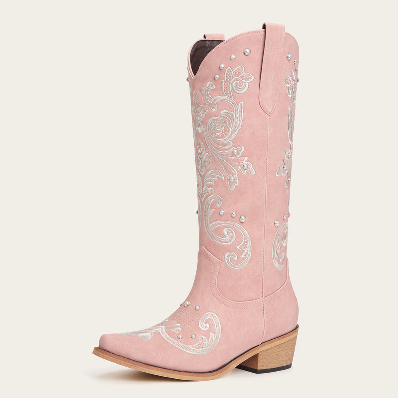 The Missie – Rose Pink Embroidered Cowgirl Boots with Pearls and Elegant Western Flair